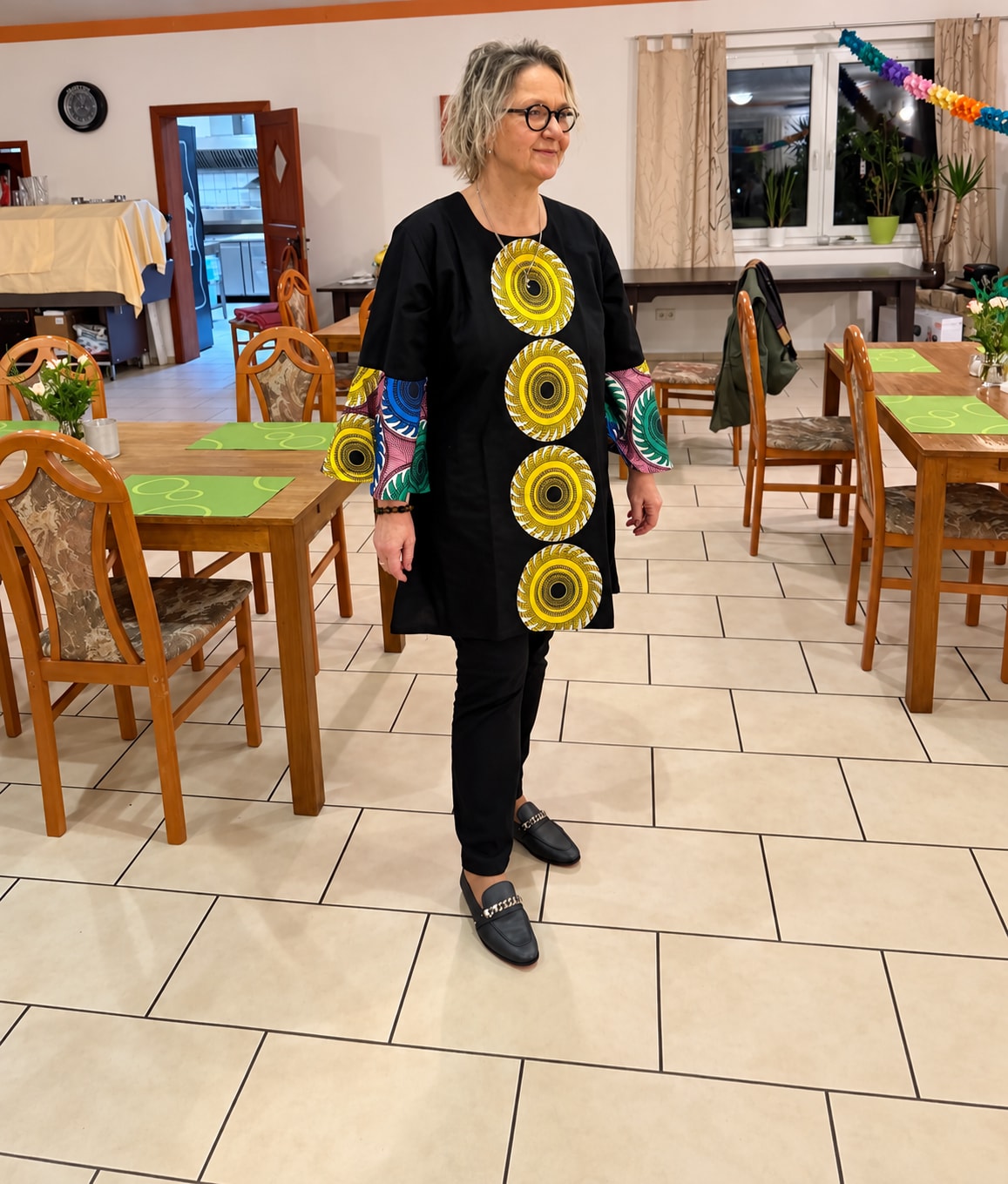 Sylvia in a patterned dress